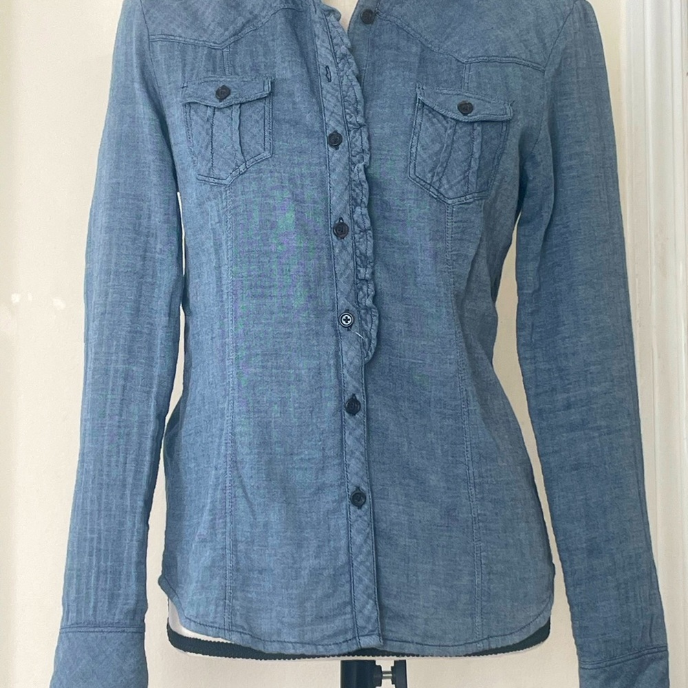 Gap Gray-Blue Western CowgirlButton-Up Shirt Ruffle Detail XS-S Spring Weight